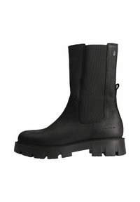 Black leather mid-calf boot with chunky sole, elastic side panel, pull tab at the heel, and embossed text near the sole.
