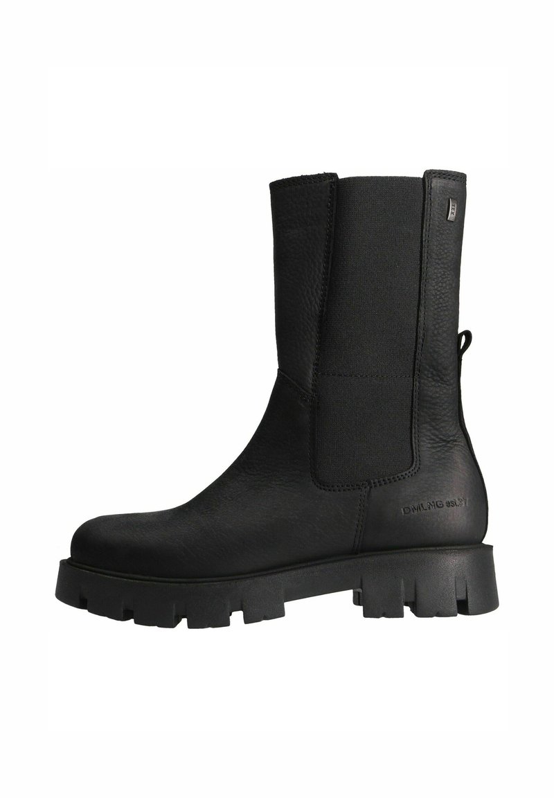 Black leather mid-calf boot with chunky sole, elastic side panel, pull tab at the heel, and embossed text near the sole.