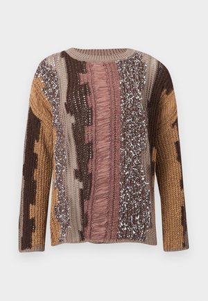 Suéter tejido multicolor con franjas verticales en rosa, marrón, beige y tostado, y patrones texturizados que incluyen flecos e hilos metálicos.