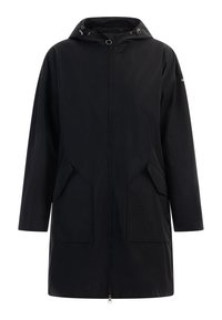 Schwarze wasserdichte Jacke mit Kapuze, Frontreißverschluss und zwei seitlichen aufgesetzten Taschen. Verfügt über einen geraden Schnitt und eine glatte Textur.