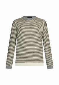 Langärmeliger gestreifter Pullover mit horizontalen Linien in Beige und Dunkelbraun, mit grauen Akzenten am Kragen und an den Bündchen. Glatte Textur.