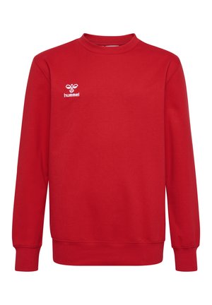 Rode sweatshirt van zacht materiaal, met een ronde hals, lange mouwen, ribgebreide manchetten en een wit geborduurd logo op de borst.