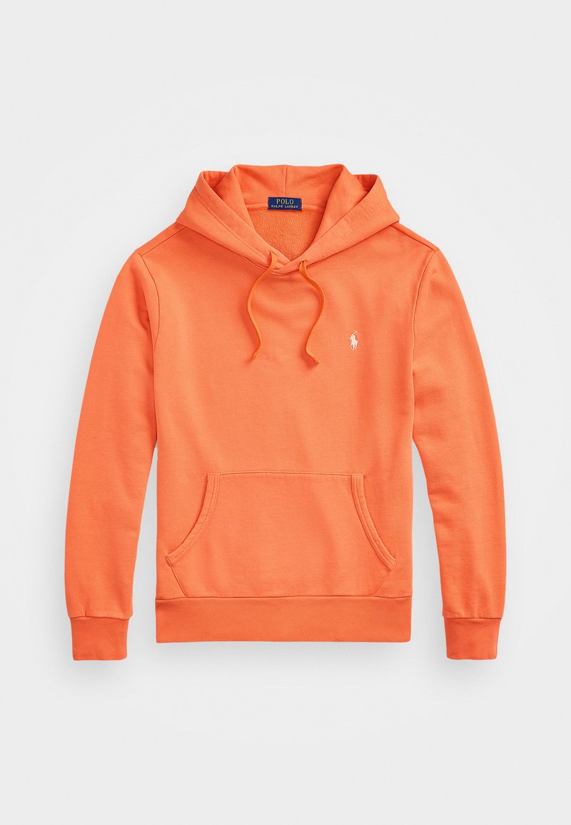 Sweat à capuche orange en mélange de coton ; comprend une capuche avec cordon de serrage, une poche kangourou à l'avant et un petit logo sur la poitrine.