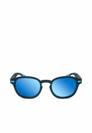Occhiali da sole con montatura nera, lenti specchiate blu e piccoli dettagli turchesi sulle stanghette.