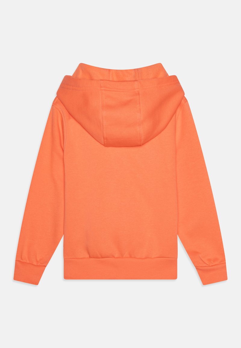 Felpa arancione con cappuccio, caratterizzata da una texture liscia, polsini a coste e tasca a marsupio. La vista posteriore mostra un design pulito e minimalista.