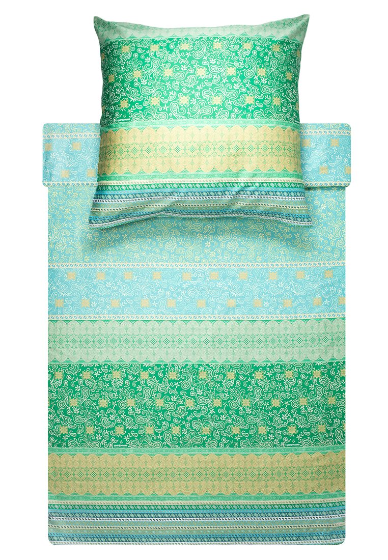Set di biancheria da letto con un motivo verde e blu con disegni floreali. Include una federa e una coperta piumino, realizzati in tessuto misto cotone.