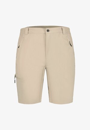 Beige Herren-Casual-Shorts mit Frontknopf, Gürtelschlaufen, seitlicher Reißverschlusstasche am linken Bein und zwei Fronttaschen mit schwarzen Reißverschlusszippeln.