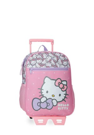 Mochila con ruedas rosa que presenta a Hello Kitty con lazos morados y una sección superior con un patrón de múltiples caras de Hello Kitty.