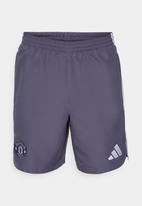 Harmaat urheilushortsit, joissa on joustava vyötärö, esitellen brodeeratun Manchester United -logon ja Adidas-logon hopeisena.