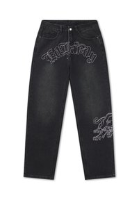 Sorte jeans med lige ben med teksten "Ed Hardy" på tværs foran og en hvid omrids af en panter på højre lår.