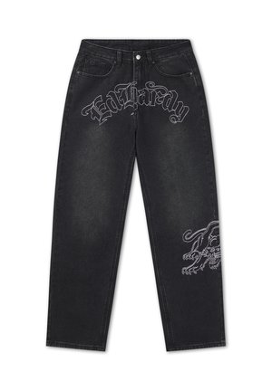 Black straight-leg jeans with "Ed Hardy" text across front and a white outlined panther graphic on the right thigh.