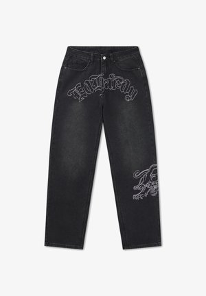 Black straight-leg jeans with "Ed Hardy" text across front and a white outlined panther graphic on the right thigh.