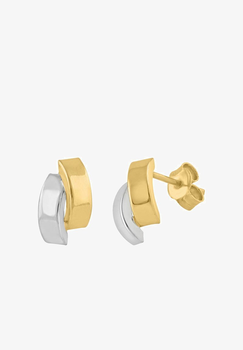 Øreringe i guld- og sølvmatal med en buet, overlappende design. Glat tekstur med en poleret finish uden ekstra mønstre.