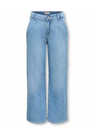 Svetlomodré džínsy s vysokým pásom a širokými nohavicami, so zapínaním na gombíky a zips, pútkami na opasok a prednými vreckami, zobrazené na bielom pozadí.