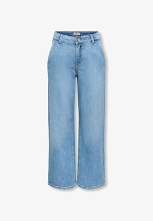 Svijetloplave traperice širokih hlača s visokim strukom, kopčanjem na gumbe i patentni zatvarač, s omčama za remen i prednjim džepovima, prikazane na bijeloj podlozi.