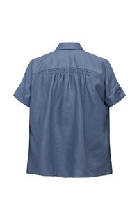 Blue, short-sleeve shirt with a back yoke and gathered detailing, made of lightweight fabric, featuring a relaxed fit and rounded hem.