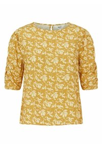 Blouse jaune moutarde avec motif floral blanc, manches courtes bouffantes, encolure ronde, et une fermeture en trou de serrure à l'arrière.