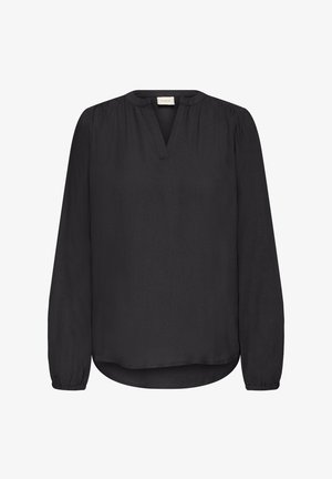 Schwarze Bluse mit langen Ärmeln, V-Ausschnitt, gerafften Schultern, elastischen Bündchen und abgerundetem Saum.