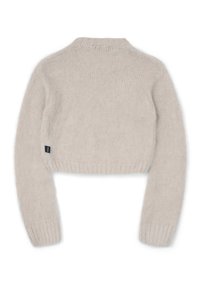 Cropped sweater in light beige with a soft, furry texture. Features long sleeves and a ribbed hem. Simple design with a small brand label.