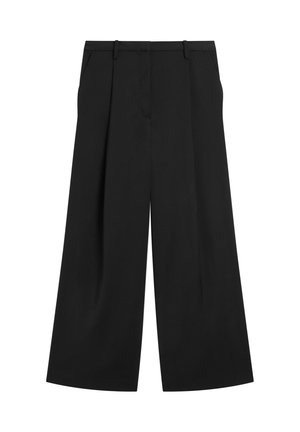 Pantalon noir à jambes larges avec plis, passants de ceinture et poches latérales, présenté sur fond blanc.