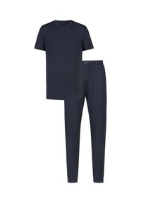 Mörkblå bomullsset för hemmabruk med t-shirt med korta ärmar och bröstficka samt byxor med elastisk midja. Enkel, klassisk design.