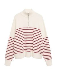 Maglione bianco a maglia con righe orizzontali rosse, colletto alto e mezza zip frontale, maniche lunghe con motivo a righe.