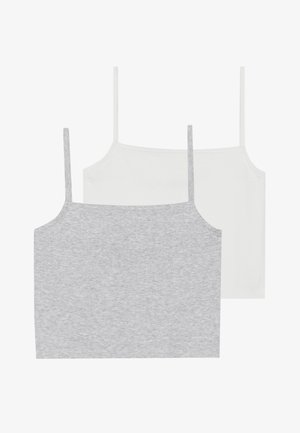 Deux débardeurs en gris et blanc. Le débardeur gris a une texture chinée, tandis que le blanc est lisse. Chacun dispose de fines bretelles spaghetti.