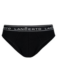 Czarne slipy z białą markową gumką z czarnym napisem, wykonane z miękkiej bawełny, zaprojektowane z dopasowanym krojem i minimalną ilością szwów.