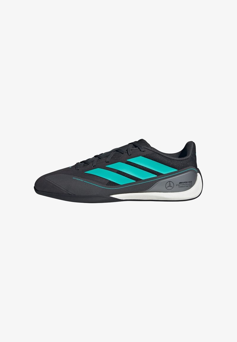 Black athletic shoe with turquoise stripes, lightweight design, smooth texture, and white accents on the sole. Features branding detail.
