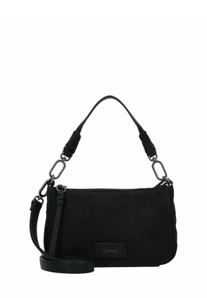 Schwarze Wildleder-Crossbody-Tasche mit verstellbarem Riemen, Reißverschluss und hardware in Silberoptik. Sie verfügt über einen strukturierten Griff und ein Logo-Patch.