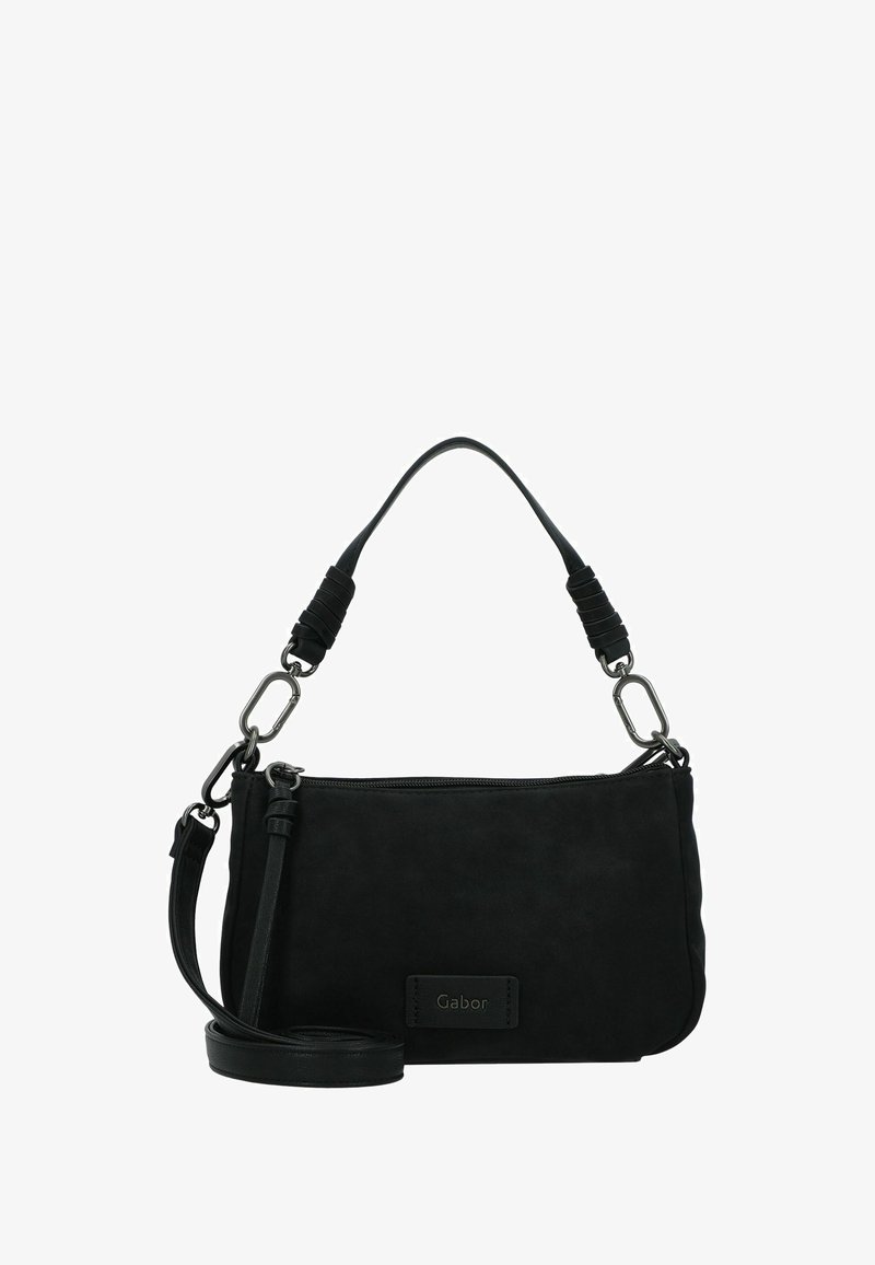 Sac crossbody en daim noir avec bandoulière réglable, fermeture éclair et quincaillerie en tone argenté. Dispose d'une poignée texturée et d'un patch de marque.