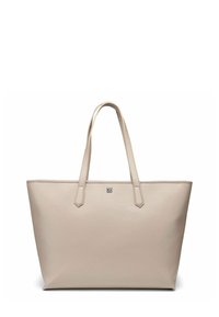 Borsa tote in pelle beige con due manici lunghi, forma rettangolare strutturata e un piccolo logo metallico sul davanti. Texture liscia.