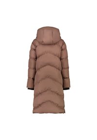 Bruine pufferjas met een capuchon, voorzien van een quiltpatroon, lange mouwen en een knielange snit. Soepele textuur en duurzaam materiaal.