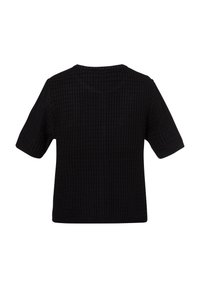 Schwarzes Kurzarmoberteil aus strukturiertem Waffelstrickstoff mit rundem Halsausschnitt. Die Rückseite hat ein einfaches Design ohne Verzierungen.