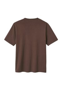 T-shirt en coton marron à manches courtes, col rond et texture lisse. Pas de logos ni de motifs visibles. Vue de dos présentée.