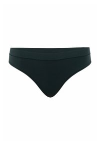 Bas de bikini noir en tissu lisse et extensible. Présente un design taille basse et une couvrance minimale. Agrémenté de détails de couture subtils.