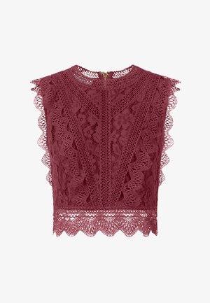 Bordeaux kanten crop top met golvende randen, bloemmotieven en een rits aan de achterkant. Kenmerkt zich door ingewikkelde details in de stof.