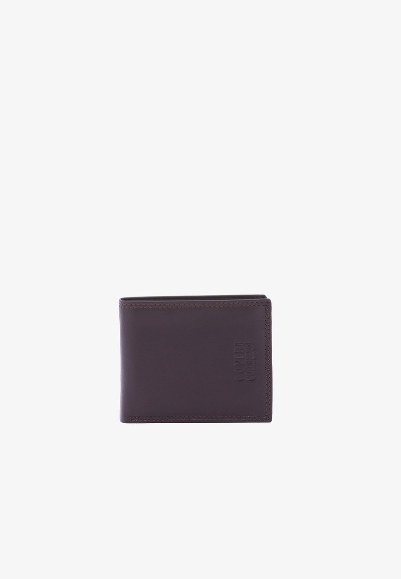 Portefeuille bi-fold en cuir marron avec logo embossé "COVERI COLLECTION" sur un fond blanc uni.