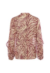 Blusa leggera e trasparente in beige con un motivo astratto a strisce zebrate color bordeaux. Maniche lunghe con dettagli aperti, vestibilità rilassata e orlo arrotondato.