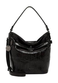Black faux leather handbag with a structured shape, smooth texture, single shoulder strap, and a decorative silver chain accent.
