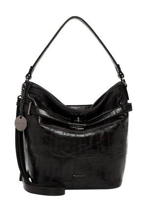 Sac à main en simili cuir noir avec une forme structurée, texture lisse, une bandoulière unique et un accent décoratif en chaîne argentée.