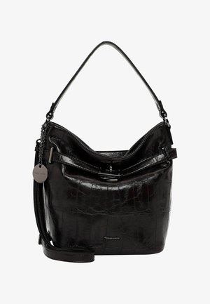 Schwarze Handtasche aus Kunstleder mit strukturierter Form, glatter Textur, einem verstellbaren Schulterriemen und einem dekorativen silbernen Kettenakzent.