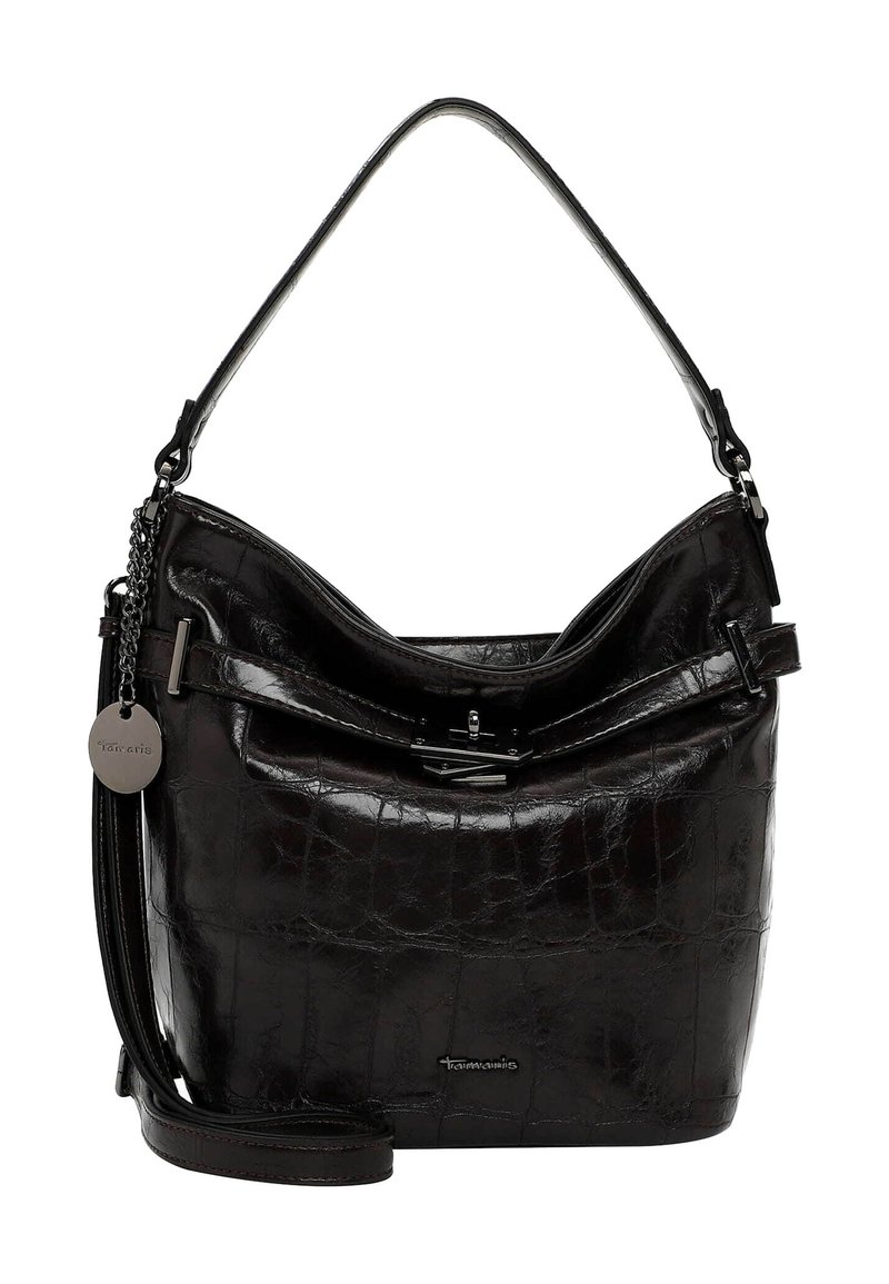 Black faux leather handbag with a structured shape, smooth texture, single shoulder strap, and a decorative silver chain accent.