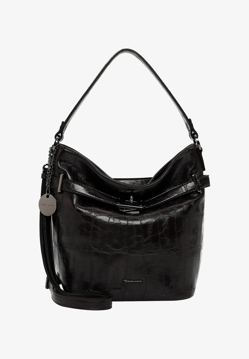 Sort faux læder håndtaske med en struktureret form, glat overflade, enkelt skulderrem og en dekorativ sølvfarvet kæde som accent.