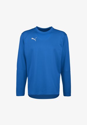 T-shirt de sport à manches longues en bleu vif, fabriqué en tissu texturé, avec un col rond et un logo Puma blanc sur la poitrine gauche.