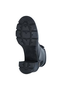 Semelle de botte en caoutchouc noir avec un motif texturé présentant des rainures profondes et un accent de logo. Talon légèrement courbé et zone de orteils renforcée.