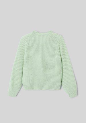 Pull vert en maille avec une coupe décontractée, des poignets et un ourlet côtelés. Présente un motif texturé et un col arrondi. Vue de dos montrée.