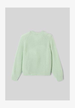 Pull vert en maille avec une coupe décontractée, des poignets et un ourlet côtelés. Présente un motif texturé et un col arrondi. Vue de dos montrée.