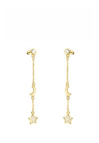 Guldtonade örhängen med en cirkulär stift och hängande kedjor som har en halvmåne och en stjärna prydda med klara rhinestones.