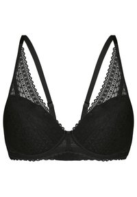 Schwarzer Spitzen-Bralette mit tiefem Ausschnitt, verstellbaren Trägern, gewellten Kanten und einem strukturierten Muster für zusätzlichen Detail.